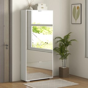 Sapateira 2 em 1 com frentes espelhadas 76 x 26 x 168  cm, 4 portas basculantes, prateleiras ajustáveis, capacidade para até 24 pares, branco