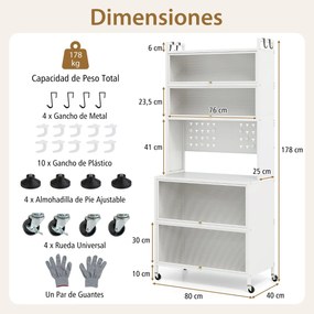 Armário de cozinha de 6 níveis buffet  com estantes Portas com Bancada para micro-ondas 80 x 40 x 178 cm Branco