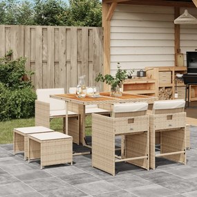 vidaXL 9 pcs conjunto de jantar p/ jardim com almofadões vime PE bege