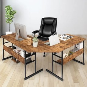 Secretária de canto moderna em forma de L, com mesa de desenho inclinável com prateleira inferior, estrutura em metal - Castanho Escuro