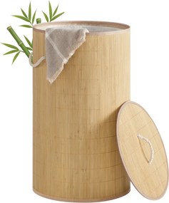 Cesto da roupa suja com tampa 90 L em bambu redondo, cor natural