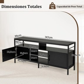 Móvel para TV até 65" com 2 armários e 4 prateleiras abertas, em madeira com pés de metal 147 x 35 x 63,5 cm Preto