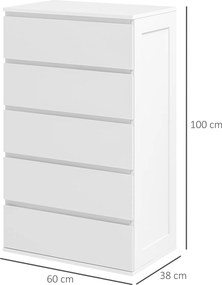 Cómoda com 5 gavetas, móvel de arrumação sem puxadores, design minimalista, 60 x 39 x 100 cm, branco