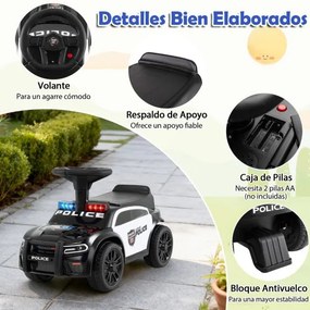 Andador de polícia deslizante para bebés com mais de 18 meses, com luzes, música e sirene, arrumação debaixo do assento, preto