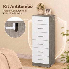 Cómoda de 6 Gavetas Alta para Quarto com Sistema Antitombo 40x40x110 cm Cinza-claro e Branco