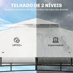 Pérgola para Jardim 3x3,6 m com Telhado Duplo Paredes de Rede UPF50+ Estrutura Metálica Creme e Teca