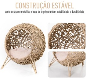 Caverna de rattan PE para gatos com Almofada com tripé de flanela e almofada de algodão macio Φ52x58 cm Cor de madeira natural