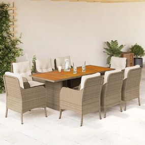 vidaXL 9 pcs conjunto de jantar p/ jardim com almofadões vime PE bege