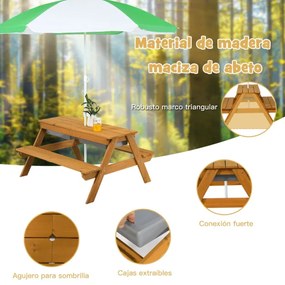 Mesa de piquenique infantil 3 em 1 com guarda-sol removível e ajustável de altura de 117 a 187 cm Mesa de madeira para pátio de jardim Verde