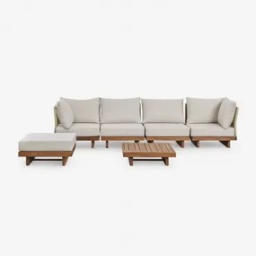Conjunto De Sala De Estar Com Sofá Modular De 4 Peças Com 2 Poltronas De Canto, Mesa De Centro E Pufe Em Madeira De Acácia Daili Castanho Acácia -