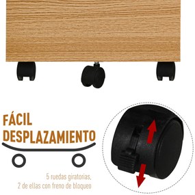 Vinsetto Gaveta de escritório com 2 gavetas, espaço para documentos em tamanho A4, 5 rodas fechadura e freios 40x49x58 cm Natural