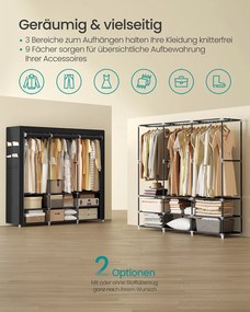 Guarda roupa tecido 45 x 188 x 176 cm com 3 compartimentos suspensos, preto