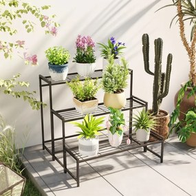 Suporte para Plantas de Três Níveis com Design em Escada e Estrutura Metálica Resistente para Interior e Exterior Preto