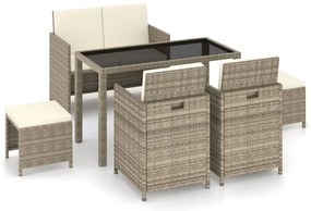 vidaXL 6 pcs conjunto jantar exterior com almofadões vime PE bege