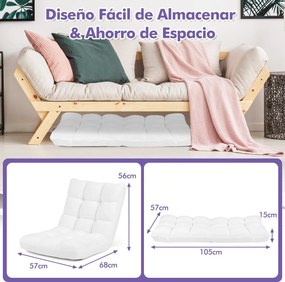 Cadeira chão dobrável Encosto ajustável 14 posições para quarto Sala 105 x 56 x 15 cm Branco