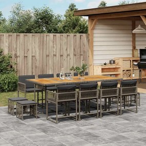 13 pcs conjunto jantar p/ jardim c/ almofadões vime PE cinzento