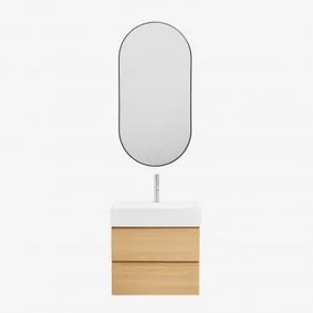 Conjunto De Móvel De Casa De Banho Em Madeira E Chapa De Freixo Com Lavatório Integrado Ona Madeira Natural & Ovale Led E Antifog Preto - Sklum