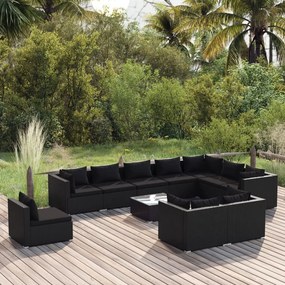 vidaXL 11 pcs conjunto lounge de jardim c/ almofadões vime PE preto