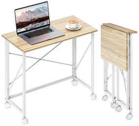 HOMCOM Secretária Dobrável com Rodas Mesa de Secretária Compacta Mesa para Computador Portátil para Casa Escritório Espaços Pequenos 80x40x75 cm Madeira e Branco