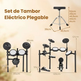 Conjunto de bateria elétrica Kit de bateria dobrável com almofadas de malha de 21 cm Pratos de 245 cm 225 sons e 30 demos Preto