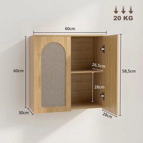 Armário de parede para casa de banho em estilo boémio 60 (L) x 30 (P) x 60 (A) cm, com 2 portas com efeito de rattan e fecho suave, e prateleira ajust