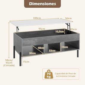 Mesa de centro 100 x 50 x 45 cm elevável com tampo ajustável, amplo compartimento oculto e 3 espaços abertos, com pés em metal cinzenta
