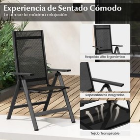 1x Cadeira dobrável Jardim com encosto alto ajustável em 7 posições Apoios de braços Cadeira de exterior leve Jardim Alpendre Pátio Preto