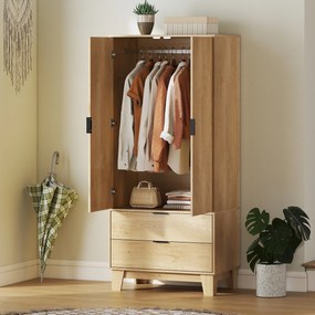 Guarda roupa de quarto 80 x 50 x 180 cm com 2 portas com fecho suave, 2 gavetas e barra para pendurar roupa, madeira natural