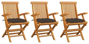 Cadeiras de jardim c/ almofadões cinza-acast. 3 pcs teca maciça
