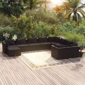 10 pcs conjunto lounge de jardim c/ almofadões vime PE preto