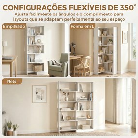 Estante Expansível 5 Níveis Estante para Livros Giratória 350° Largura Ajustável Convertível em L Reta ou Compacta 111,5x23,8x163,7 cm Branco