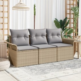 Conjunto de Sofá de Jardim de 3 Peças com Almofadas em Vime Bege