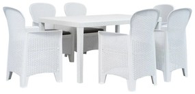 vidaXL Conj. jantar p/ exterior 7 pcs plástico branco aspeto de vime