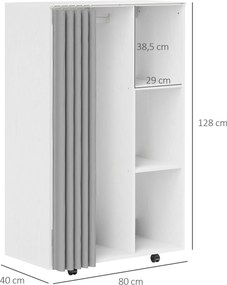 Guarda-roupa móvel com 4 rodas, com varão para cabides e prateleiras abertas, branco