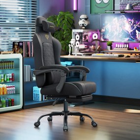 Cadeira gaming ergonómica para jogos com apoio para os pés e almofada de molas preta