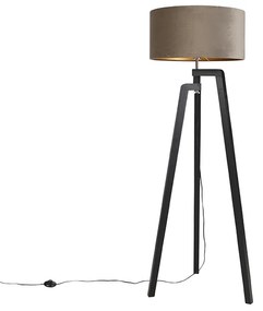 Candeeiro de pé tripé preto com cúpula bege e dourado 50 cm - Puros Country / Rústico