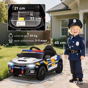 Carro Elétrico Infantil Modelo Policia 12V com Comando a Distância 2,4 Luzes Sirene Música USB e Suspensão 96x60x45 cm Multicor