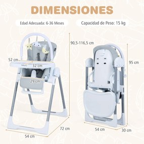 Cadeira alta refeição dobrável para bebés portátil com altura ajustável Encosto reclinável Apoio para os pés Arnês Cinza claro