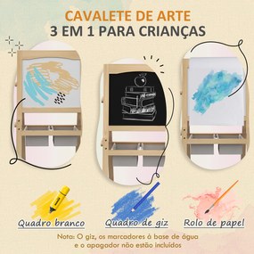 AIYAPLAY Cavalete para Crianças 3 em 1 Cavalete Duplo com Quadro preto e Quadro Branco Cavalete de Madeira para Desenhos com Rolo de Papel e 2 Cestas 58x50,5x109 cm Madeira
