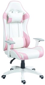 HOMCOM Cadeira Gaming Reclinável Almofada Lombar Apoio Cabeça Basculante Altura Ajustável 67x60x120-128 cm Branco Rosa | Aosom Portugal