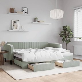 Sofá-cama c/ gavetão e gavetas 90x200 cm veludo cinzento-claro