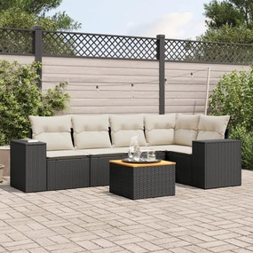 6 pcs conjunto sofás de jardim c/ almofadões vime PE preto