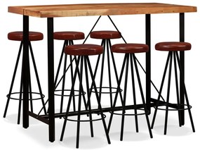 vidaXL Conjunto de bar 7 pcs madeira acácia maciça e couro genuíno