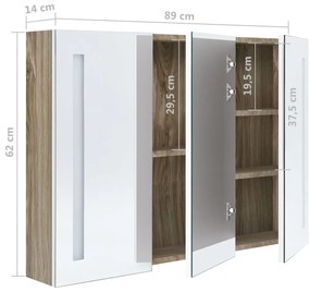 Armário espelhado casa de banho LED 89x14x62 cm branco/carvalho