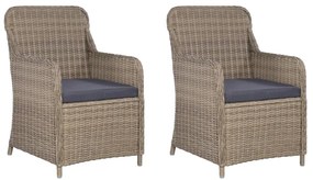 Cadeiras de exterior c/ almofadões 2 pcs vime PE castanho