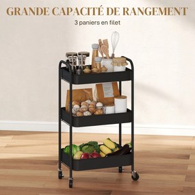Carrinho de arrumação em aço, carrinho de serviço com Rodas, 3 tabuleiros perfurados, 45 x 30,6 x 79 cm, preto