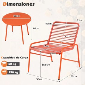 Conjunto jardim de rattan para exterior com encosto inclinado e assento curvo; mesa e cadeiras para terraço, piscina e varandas; cor laranja