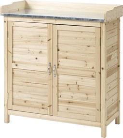 Outsunny Armário de jardim com 2 compartimentos, superfície de trabalho em metal com rebordo, Madeira natural, 83 x 40 x 92 cm | Aosom Portugal