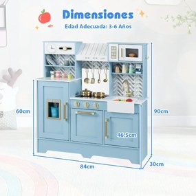 Cozinha de brincar para crianças 84 x 30 x 90 cm com fogão, torneira, pia, relógio, cafeteira, exaustor e micro-ondas azul