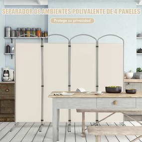 Biombo Separador de Espaços Dobrável de 4 Painéis, 221 x 51 x 188 cm, Estrutura Metálica Resistente, Branco